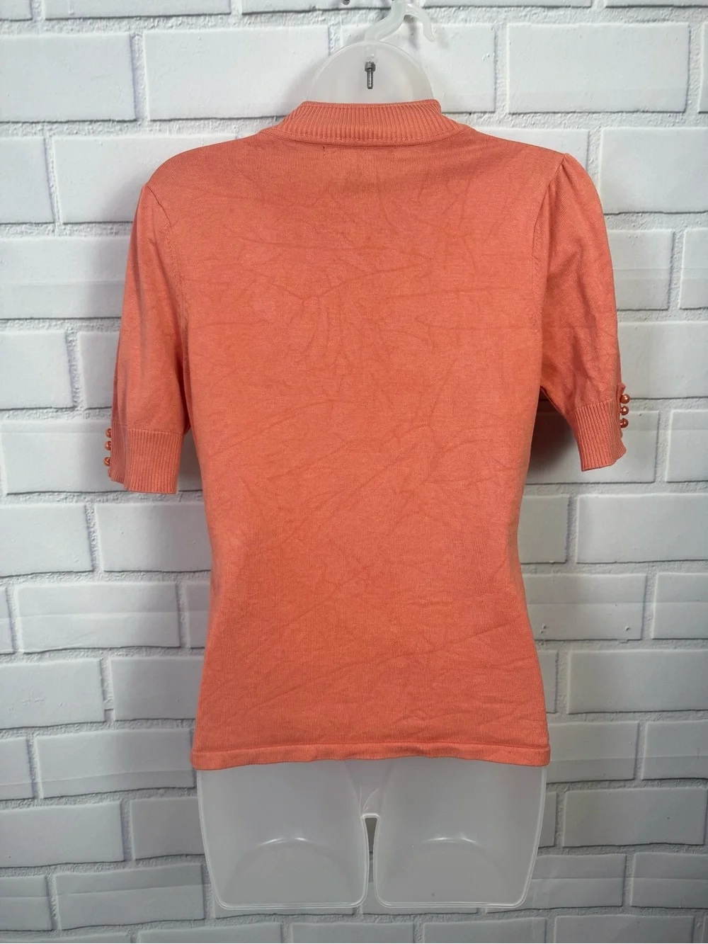 August Silk Knit Mock Neck Short Sleeve Sweater Top Peach Pearl Sleeve Detail/M